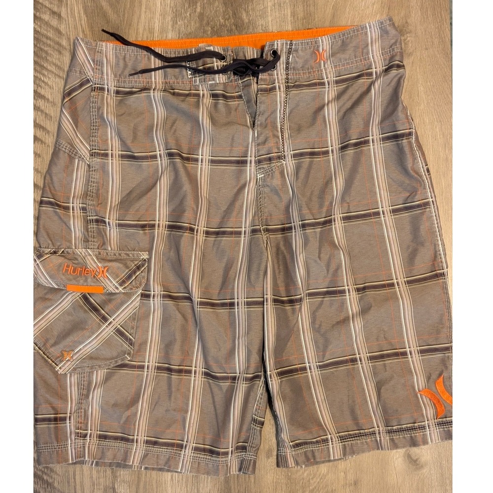 Hurley Mens Plaid Board Shorts Green‎ Orange Plaid Swim Trunks Size 34-36